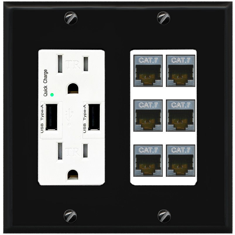 RiteAV 6 Port Cat7 Shielded Ethernet Wall Plate - USB Outlet [Black/White]