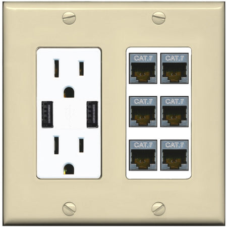 RiteAV 6 Port Cat7 Shielded Ethernet Wall Plate - USB Outlet [Ivory/White]