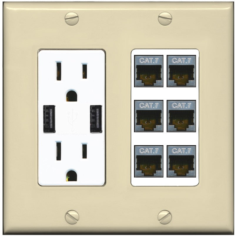 RiteAV 6 Port Cat7 Shielded Ethernet Wall Plate - USB Outlet [Ivory/White]