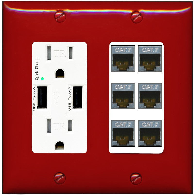 RiteAV 6 Port Cat7 Shielded Ethernet Wall Plate - USB Outlet [Red/White]