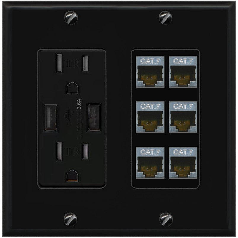 RiteAV 6 Port Cat7 Shielded Ethernet Wall Plate - USB Outlet [Black/Black]