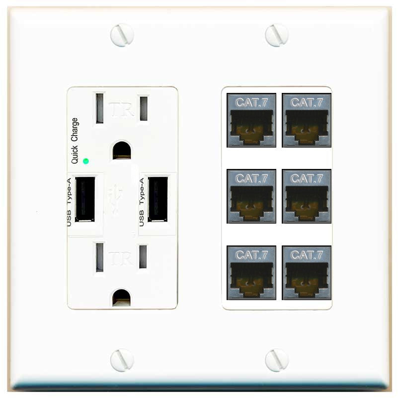 RiteAV 6 Port Cat7 Shielded Ethernet Wall Plate - USB Outlet [White]