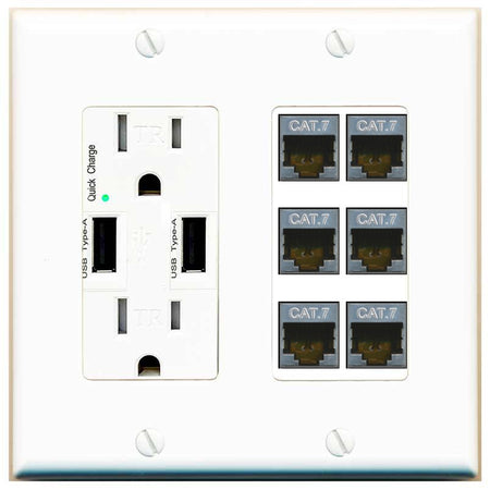 RiteAV 6 Port Cat7 Shielded Ethernet Wall Plate - USB Outlet [White]