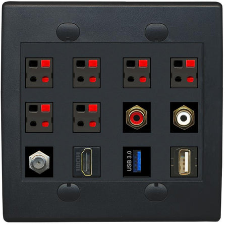 12 Ports Coax Hdmi RCA-Red-White 6 Speaker Usb3 Usb2 Wall Plate [Black]