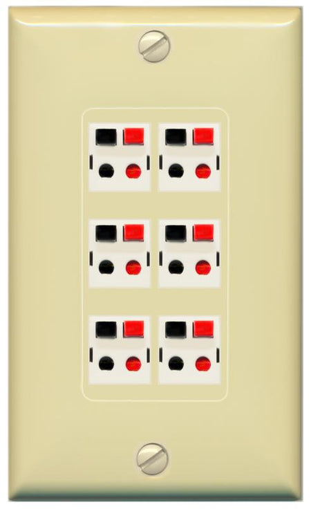 RiteAV 6 Port Speaker Wire Plug Jack Wall Plate - 1 Gang [Ivory/Ivory]