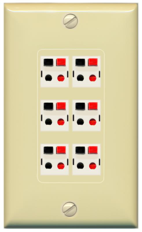 RiteAV 6 Port Speaker Wire Plug Jack Wall Plate - 1 Gang [Ivory/Ivory]