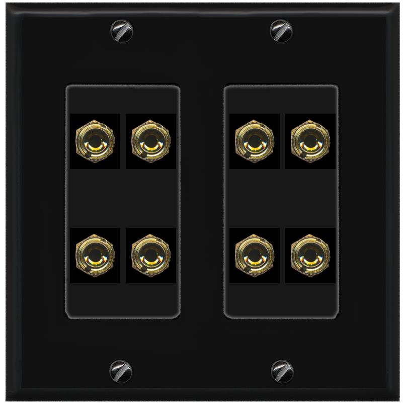 RiteAV 8 Banana 4 Speaker Surround 2 Gang Coupler Decorative Wall Plate - 2 Gang [Black/Black]