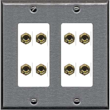 RiteAV 8 Banana 4 Speaker Surround 2 Gang Coupler Decorative Wall Plate - 2 Gang [Stainless/White]
