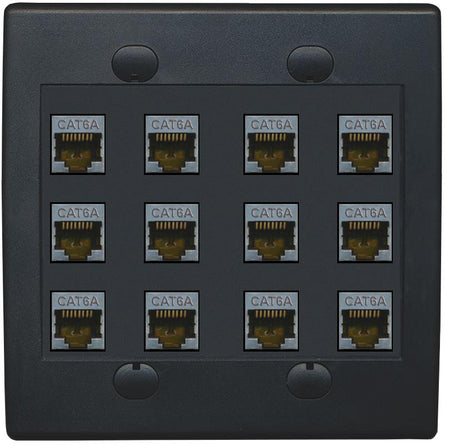 RiteAV Cat6A Wall Plate 12 Port - Flat 2 Gang [Black/Black]