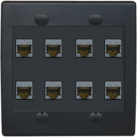 RiteAV Cat6A Wall Plate 8 Port - Flat 2 Gang [Black/Black]