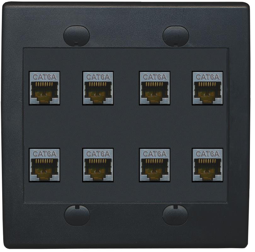 RiteAV Cat6A Wall Plate 8 Port - Flat 2 Gang [Black/Black]