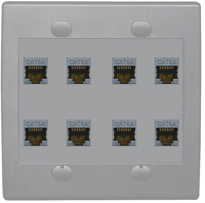 RiteAV Cat6A Wall Plate 8 Port - Flat 2 Gang [Gray/Gray]