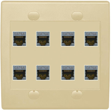 RiteAV Cat6A Wall Plate 8 Port - Flat 2 Gang [Ivory/Ivory]