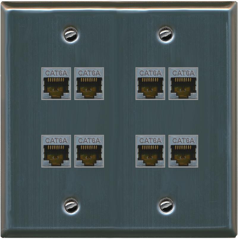 RiteAV Cat6A Wall Plate 8 Port - Flat 2 Gang [Stainless Steel]