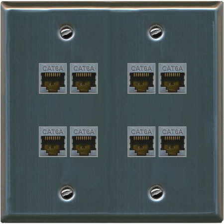 RiteAV Cat6A Wall Plate 8 Port - Flat 2 Gang [Stainless Steel]