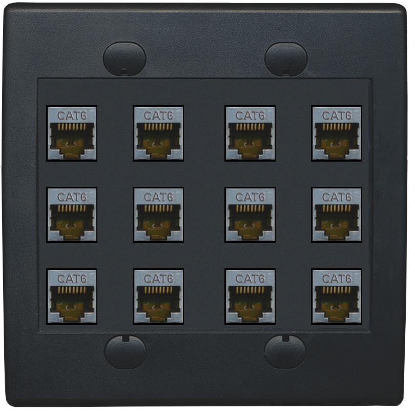 RiteAV - Cat6 Shielded Wall Plate 12 Port - Flat 2 Gang [Black/Black]