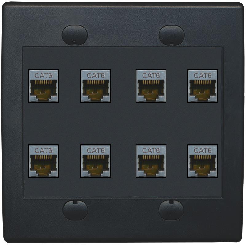 RiteAV - Cat6 Shielded Wall Plate 8 Port - Flat 2 Gang [Black/Black]