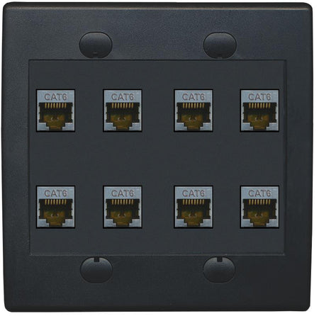 RiteAV - Cat6 Shielded Wall Plate 8 Port - Flat 2 Gang [Black/Black]