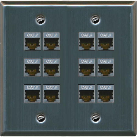 RiteAV Cat7 Wall Plate 12 Port - Flat 2 Gang [Stainless Steel]