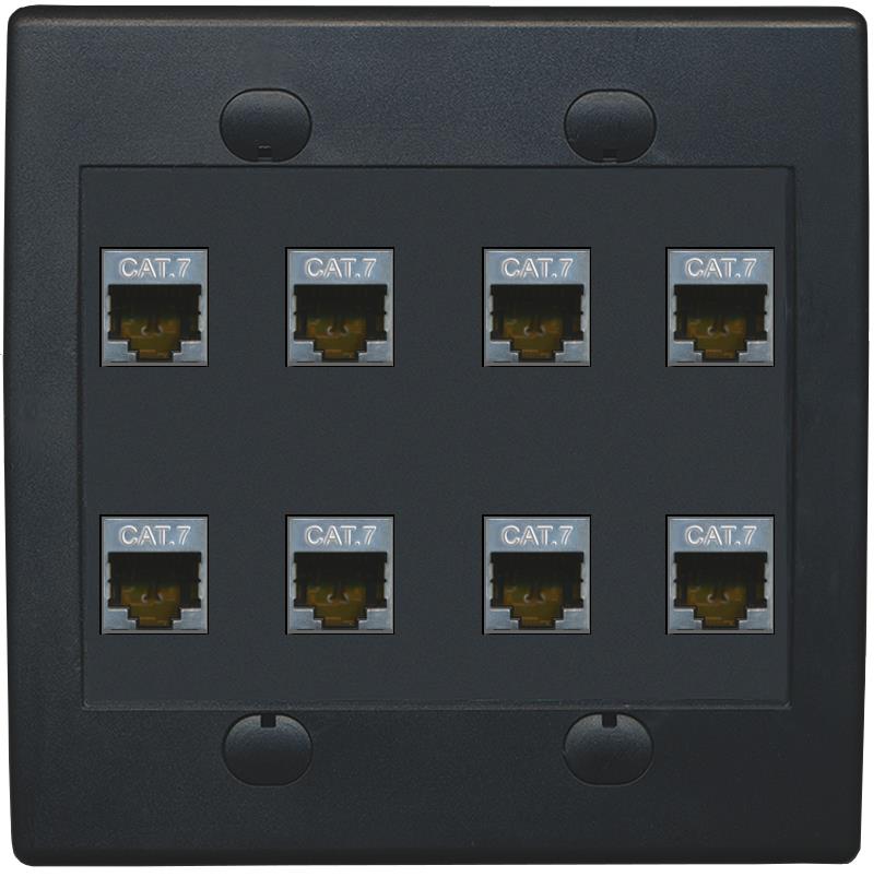 RiteAV Cat7 Wall Plate 8 Port - Flat 2 Gang [Black/Black]