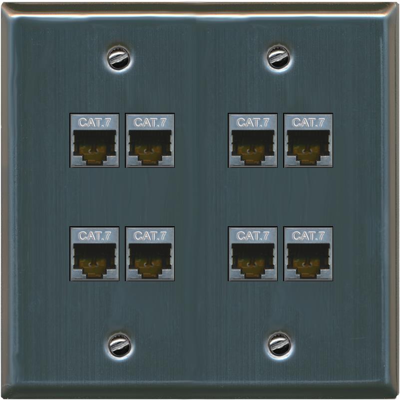 RiteAV Cat7 Wall Plate 8 Port - Flat 2 Gang [Stainless Steel]