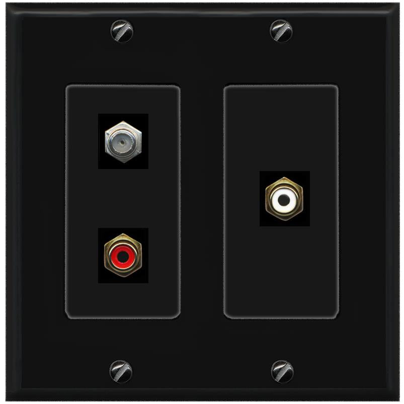 RiteAV 1 Port Coax Cable TV Wall Plate with 2 x RCA (Red+White) Jacks - 2 Gang [Black/Black]