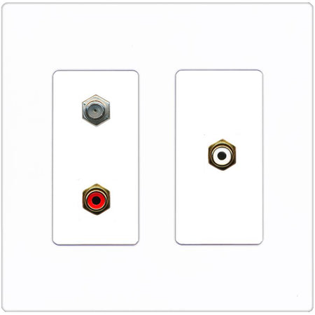 RiteAV 1 Port Coax Cable TV Wall Plate with 2 x RCA (Red+White) Jacks - 2 Gang [Screwless White]