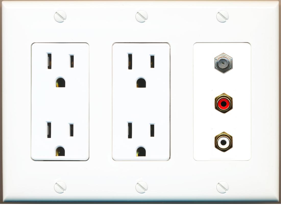 RiteAV 1 Port Coax Cable TV Wall Plate with 2 x RCA (Red+White) Jacks - 2 Outlet [White]