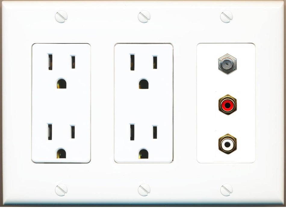 RiteAV 1 Port Coax Cable TV Wall Plate with 2 x RCA (Red+White) Jacks - 2 Outlet [White]