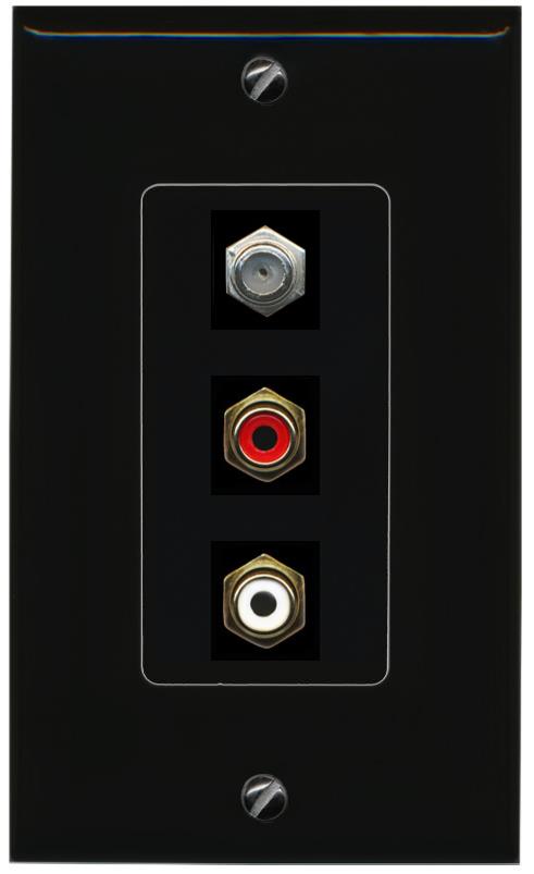 RiteAV 1 Port Coax Cable TV Wall Plate with 2 x RCA (Red+White) Jacks - 1 Gang [Black/Black]