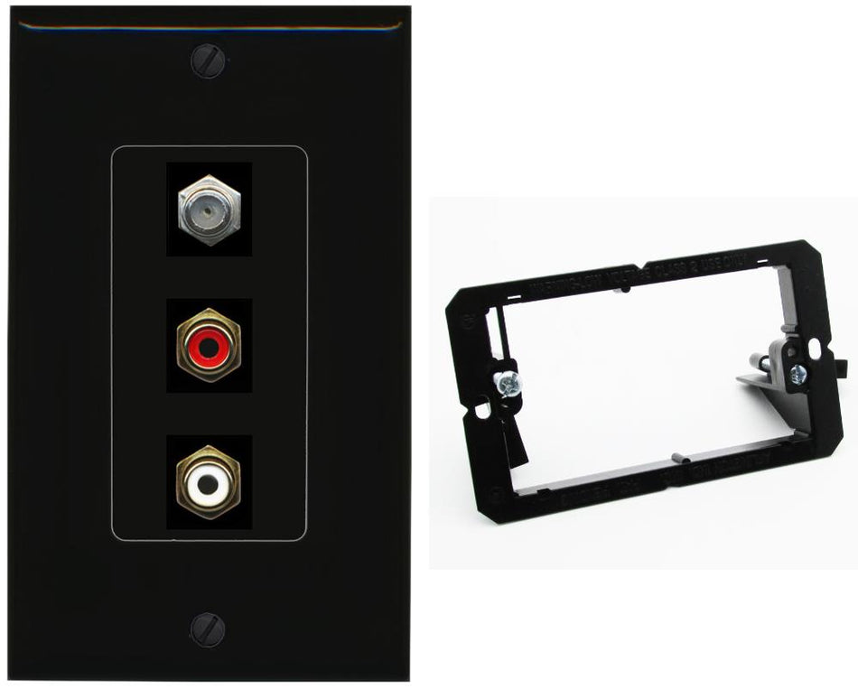 RiteAV 1 Port Coax Cable TV Wall Plate with 2 x RCA (Red+White) Jacks - Bracket [Black/Black]