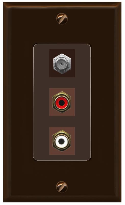 RiteAV 1 Port Coax Cable TV Wall Plate with 2 x RCA (Red+White) Jacks - 1 Gang [Brown/Brown]