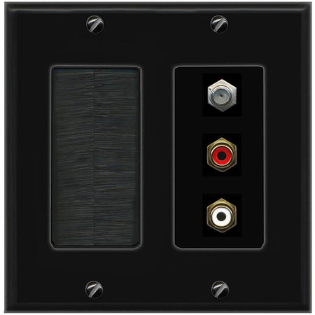 RiteAV 1 Port Coax Cable TV Wall Plate with 2 x RCA (Red+White) Jacks - Brush [Black/Black]