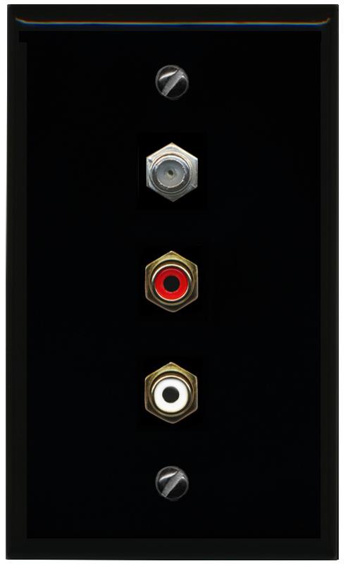 RiteAV 1 Port Coax Cable TV Wall Plate with 2 x RCA (Red+White) Jacks - Flat [Black/Black]