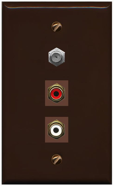RiteAV 1 Port Coax Cable TV Wall Plate with 2 x RCA (Red+White) Jacks - Flat [Brown/Brown]
