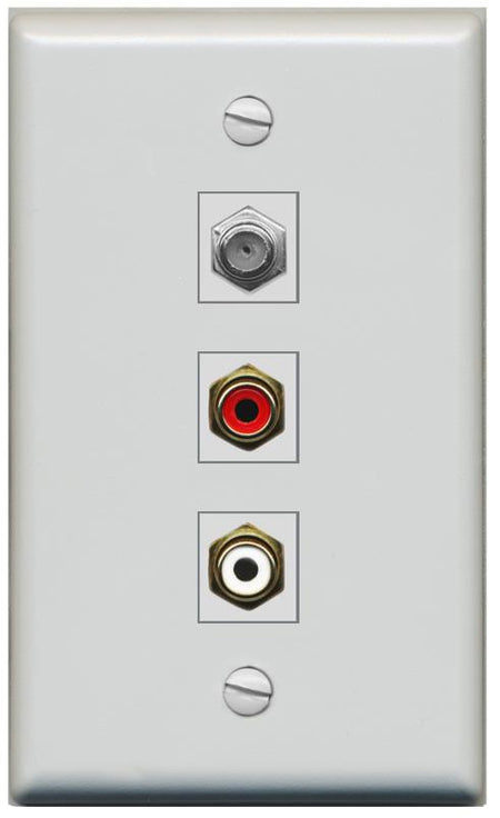 RiteAV 1 Port Coax Cable TV Wall Plate with 2 x RCA (Red+White) Jacks - Flat [Gray/Gray]