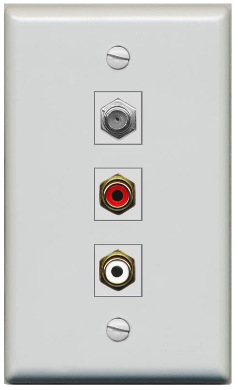 RiteAV 1 Port Coax Cable TV Wall Plate with 2 x RCA (Red+White) Jacks - Flat [Gray/Gray]