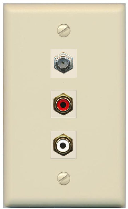RiteAV 1 Port Coax Cable TV Wall Plate with 2 x RCA (Red+White) Jacks - Flat [Ivory/Ivory]