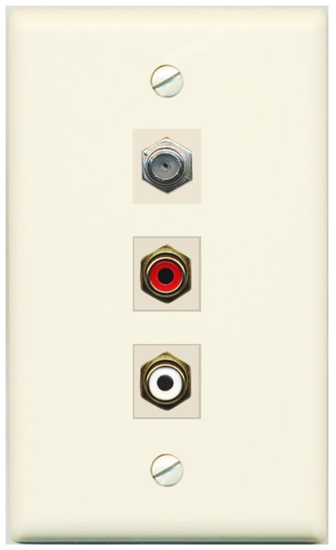 RiteAV 1 Port Coax Cable TV Wall Plate with 2 x RCA (Red+White) Jacks - Flat [Light-Almond]