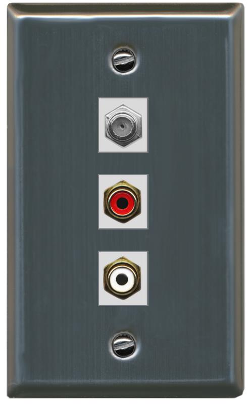 RiteAV 1 Port Coax Cable TV Wall Plate with 2 x RCA (Red+White) Jacks - Flat [Stainless Steel]
