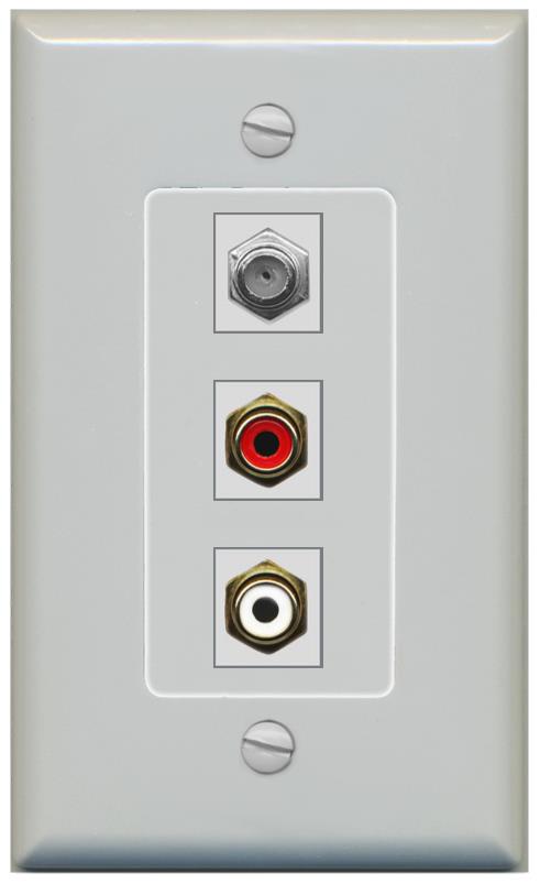 RiteAV 1 Port Coax Cable TV Wall Plate with 2 x RCA (Red+White) Jacks - 1 Gang [Gray/Gray]
