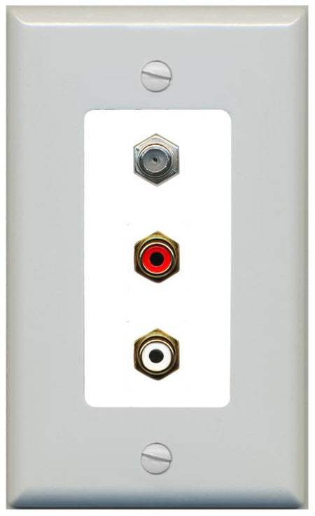 RiteAV 1 Port Coax Cable TV Wall Plate with 2 x RCA (Red+White) Jacks - 1 Gang [Gray/White]
