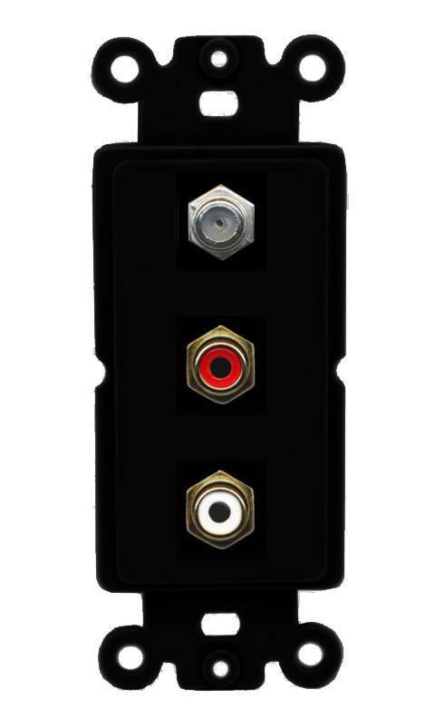 RiteAV 1 Port Coax Cable TV Wall Plate with 2 x RCA (Red+White) Jacks - Rocker [Black/Black]