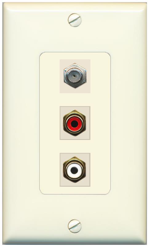 RiteAV 1 Port Coax Cable TV Wall Plate with 2 x RCA (Red+White) Jacks - 1 Gang [Light-Almond]