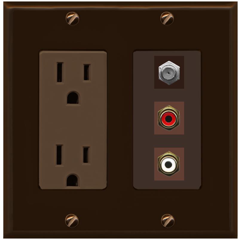RiteAV 1 Port Coax Cable TV Wall Plate with 2 x RCA (Red+White) Jacks - Outlet [Brown/Brown]