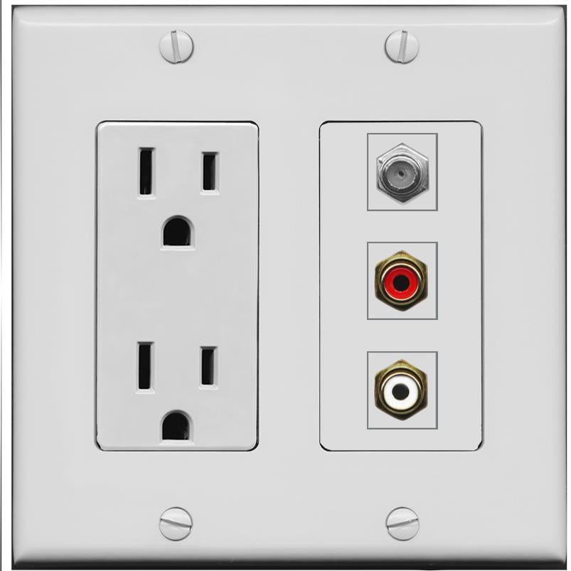 RiteAV 1 Port Coax Cable TV Wall Plate with 2 x RCA (Red+White) Jacks - Outlet [Gray/Gray]