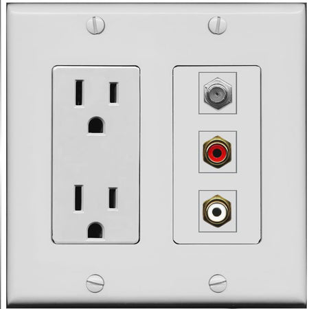 RiteAV 1 Port Coax Cable TV Wall Plate with 2 x RCA (Red+White) Jacks - Outlet [Gray/Gray]
