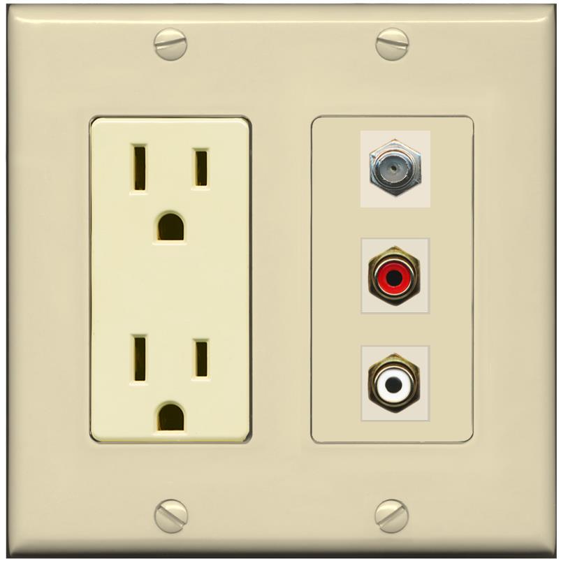 RiteAV 1 Port Coax Cable TV Wall Plate with 2 x RCA (Red+White) Jacks - Outlet [Ivory/Ivory]