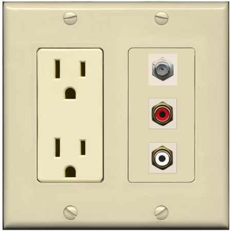 RiteAV 1 Port Coax Cable TV Wall Plate with 2 x RCA (Red+White) Jacks - Outlet [Ivory/Ivory]
