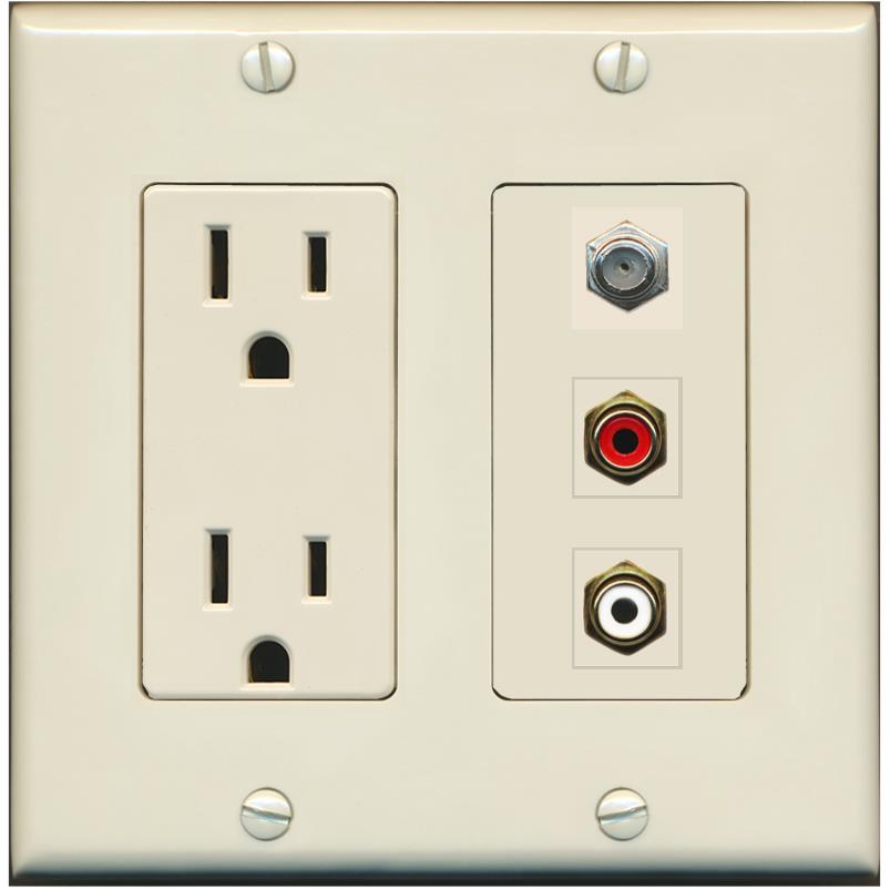 RiteAV 1 Port Coax Cable TV Wall Plate with 2 x RCA (Red+White) Jacks - Outlet [Light-Almond]